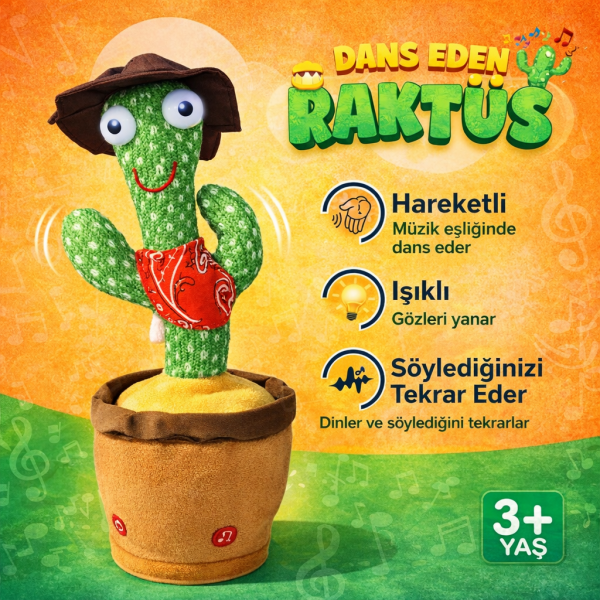 Konuşan Dans Eden Kaktüs Işıklı Saksı Peluş Oyuncak Cactus Toy