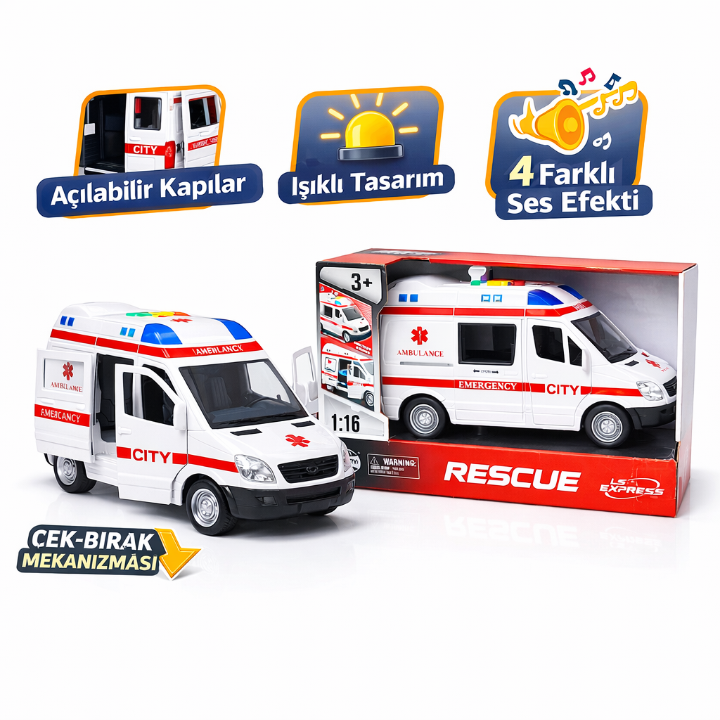 Işıklı Sesli Ambulans Oyuncak 1:16 – Açılır Kapı, 4 Ses Efekti