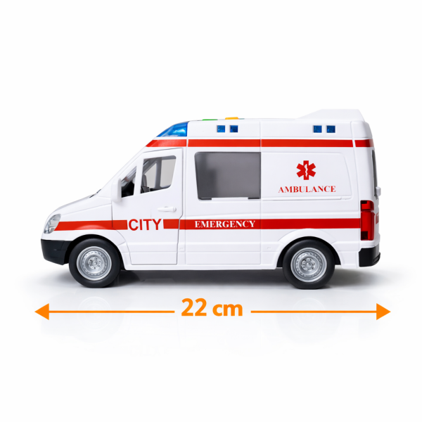 Işıklı Sesli Ambulans Oyuncak 1:16 – Açılır Kapı, 4 Ses Efekti