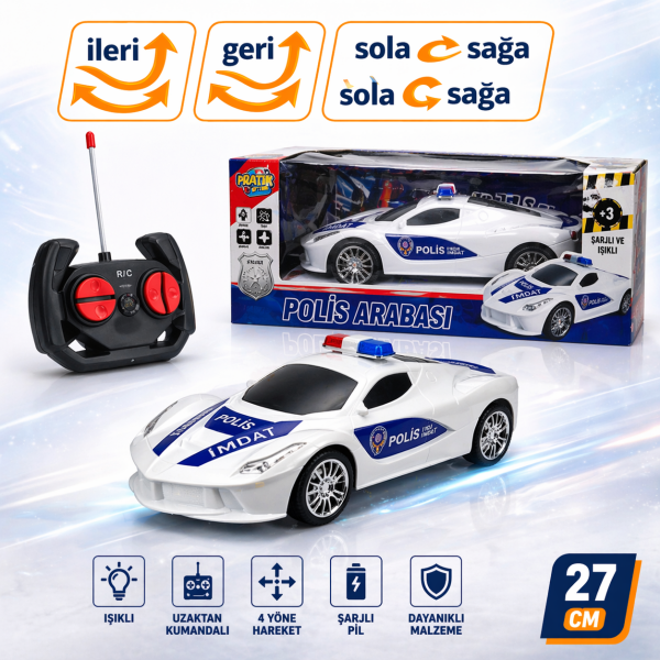 Uzaktan Kumandalı Polis Arabası 27 CM Işıklı Şarjlı 4 Yönlü Hareket