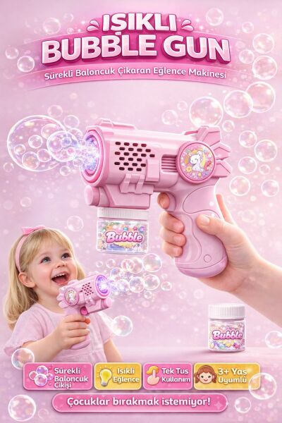 Işıklı Otomatik Baloncuk Tabancası - Bubble Gun 14cm