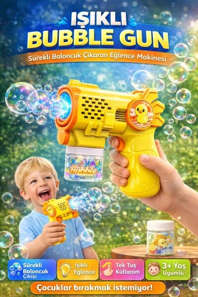 Işıklı Otomatik Baloncuk Tabancası - Bubble Gun 14cm