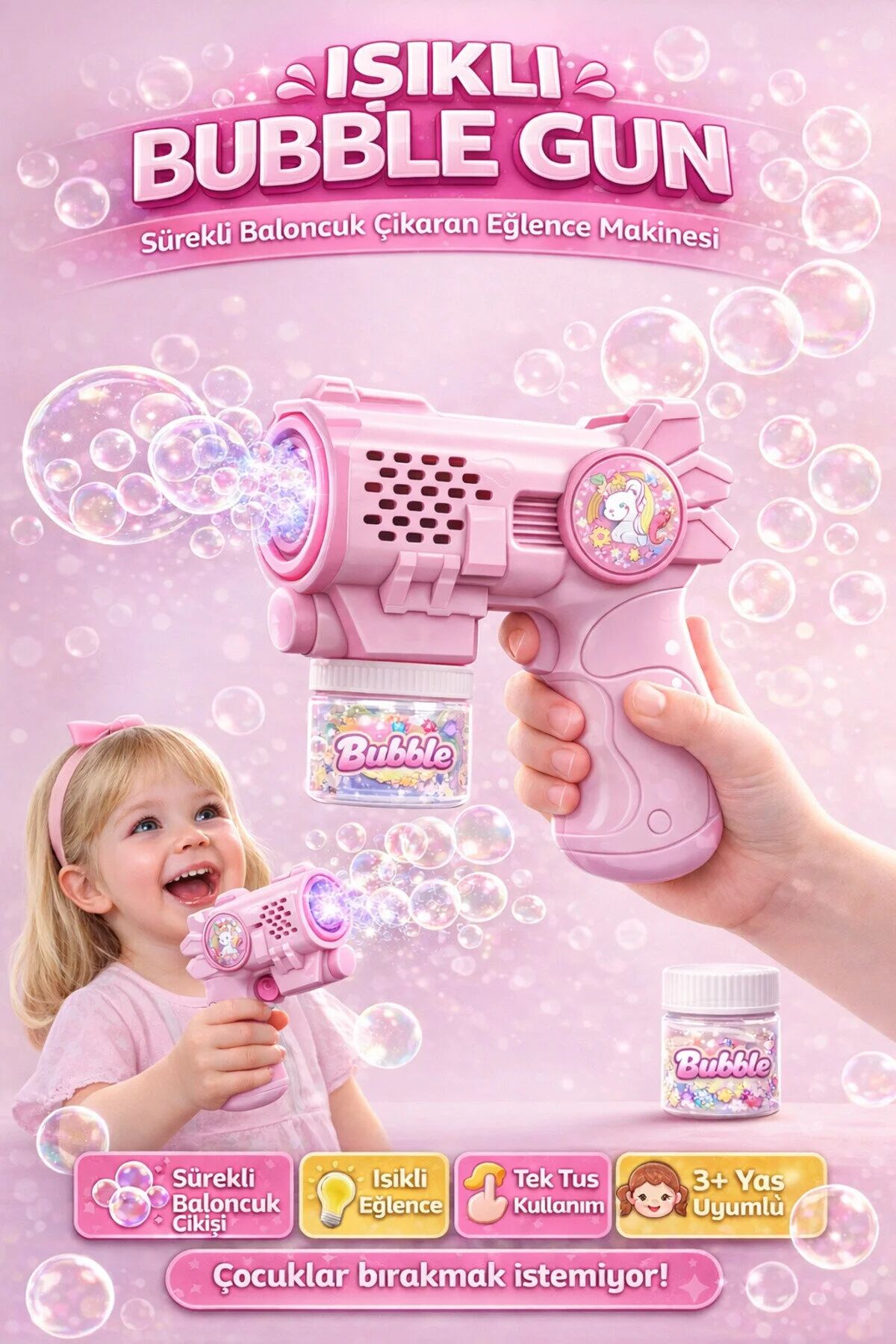 Işıklı Otomatik Baloncuk Tabancası - Bubble Gun 14cm Pembe
