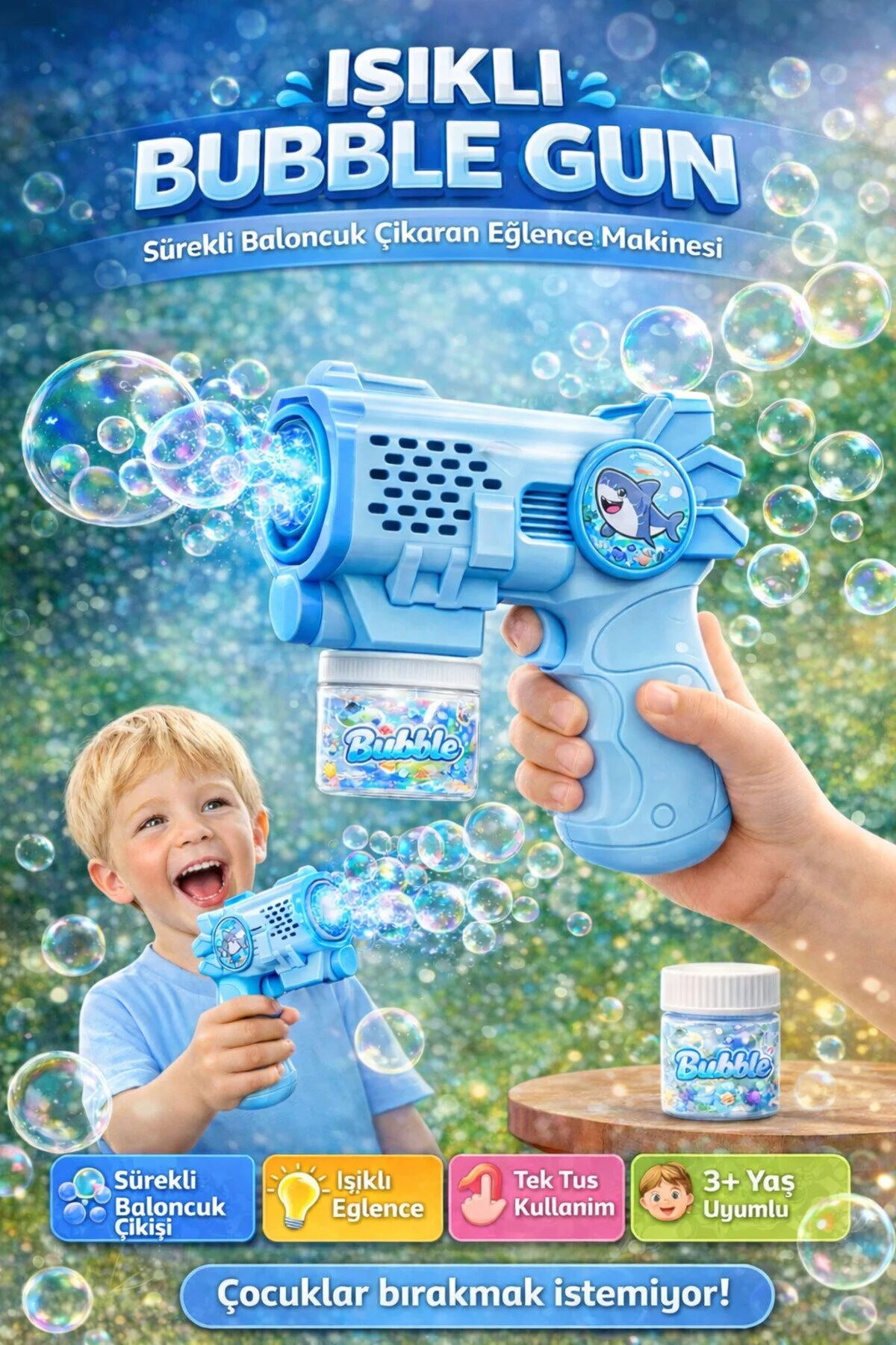 Işıklı Otomatik Baloncuk Tabancası - Bubble Gun 14cm Mavi
