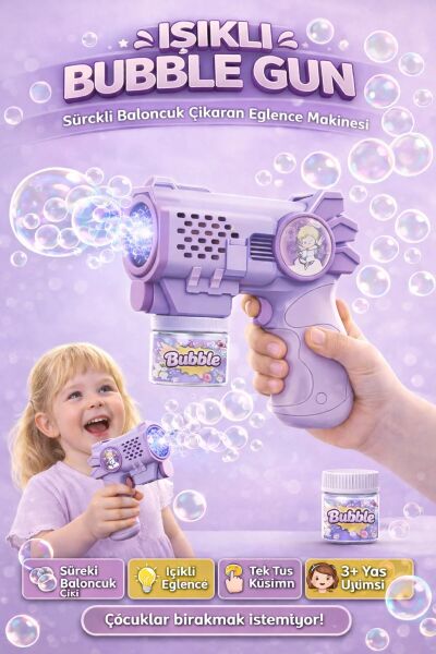 Işıklı Otomatik Baloncuk Tabancası - Bubble Gun 14cm Mor