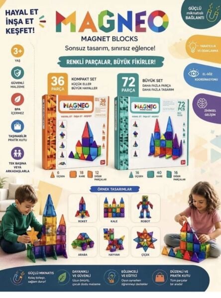 Magneo 72 Parça Manyetik Bloklar - Eğitici Magnet Geometrik Şekiller Seti