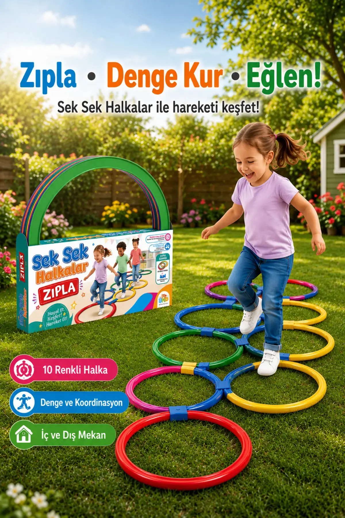 Eğitici Seksek Halka Oyunu - 10'lu Renkli Parkur Seti - BMD