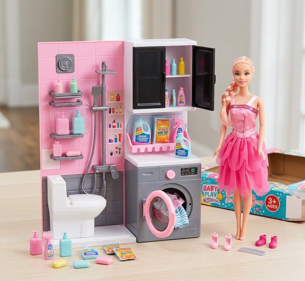Oydaş Oyuncak Oyuncak Bebekli 2'li Banyo Çamaşır Makinesi Evcilik Seti - 02392