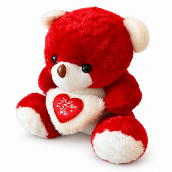 Kırmızı Kalpli Peluş Ayıcık – I Love You Yazılı - 26 × 24 cm