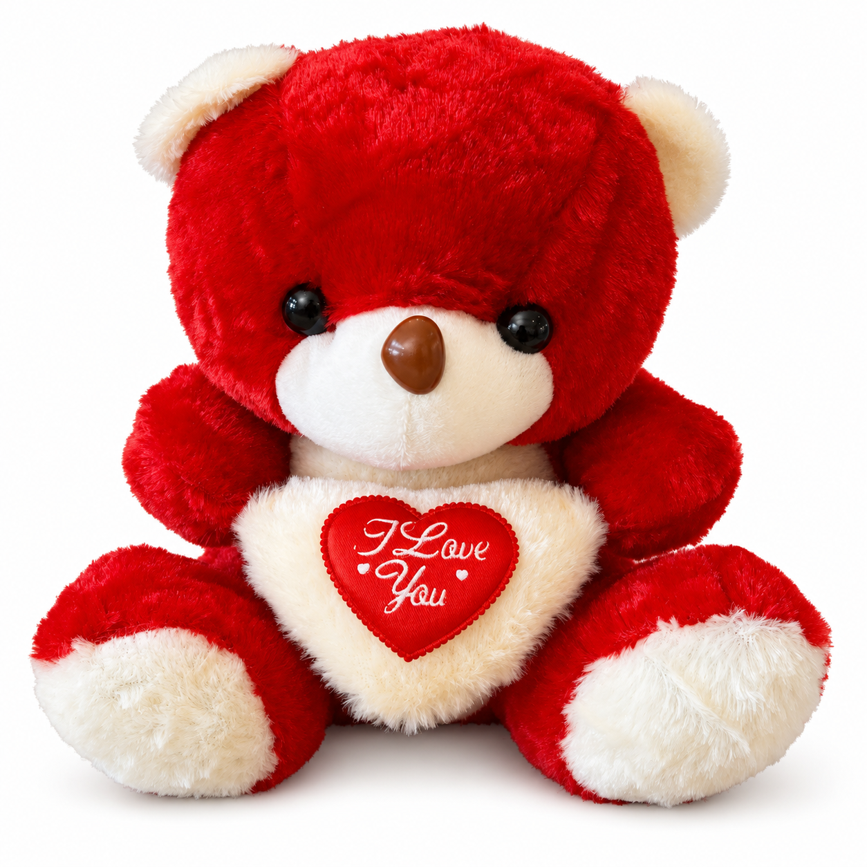 Kırmızı Kalpli Peluş Ayıcık – I Love You Yazılı - 26 × 24 cm