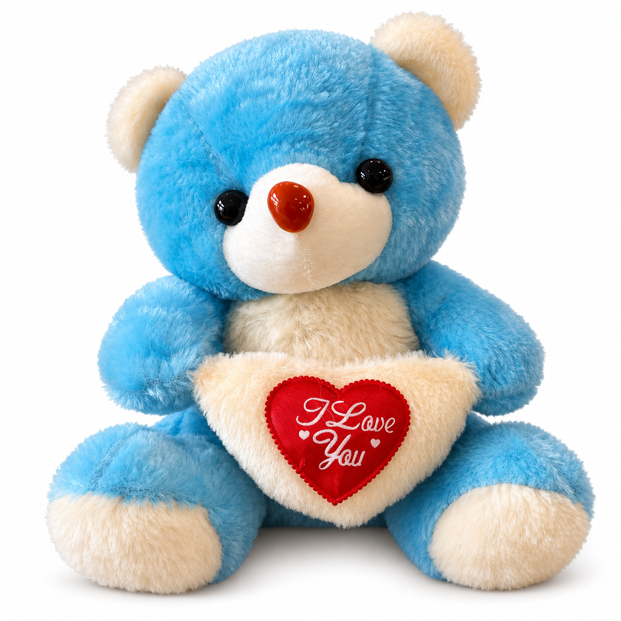 Mavi Kalpli Peluş Ayıcık – I Love You Yazılı - 26 × 24 cm
