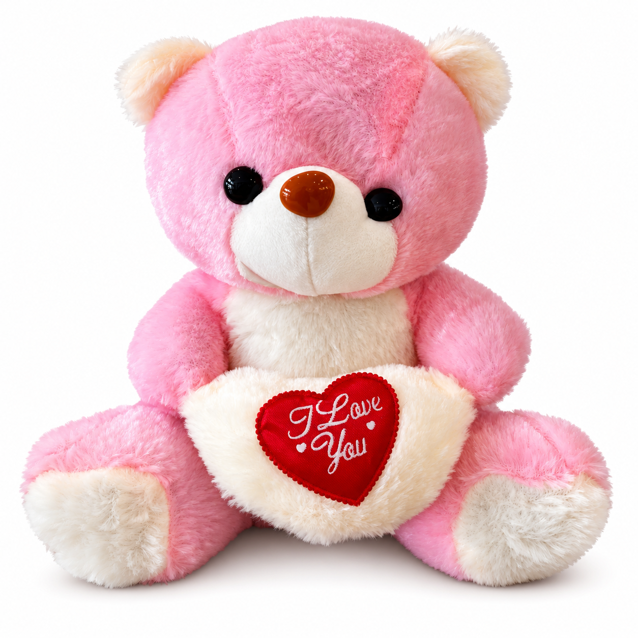 Pembe Kalpli Peluş Ayıcık – I Love You Yazılı - 26 × 24 cm