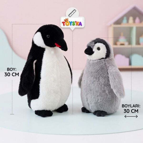 Yumuşak Tüylü Peluş Penguen Oyuncak 30 cm - Gri Beyaz