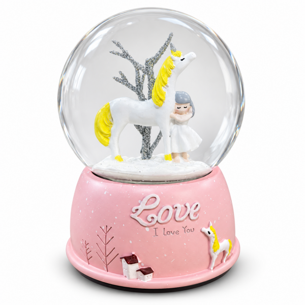 Unicorn Figürlü Kurmalı Müzikli Kar Küresi – Pembe Love